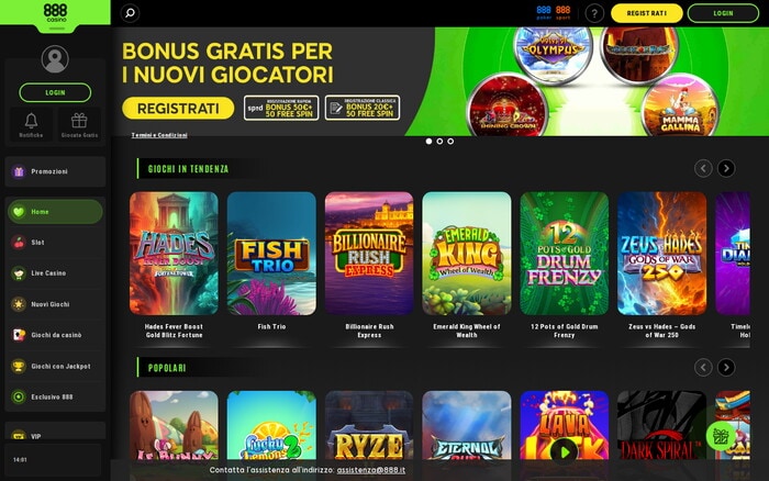 Homepage del casinò online 888casino con catalogo giochi e bonus