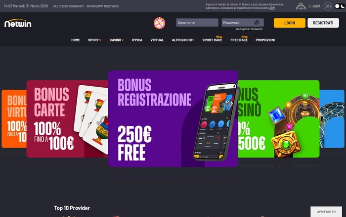 Homepage del casinò online netwin con catalogo giochi e bonus