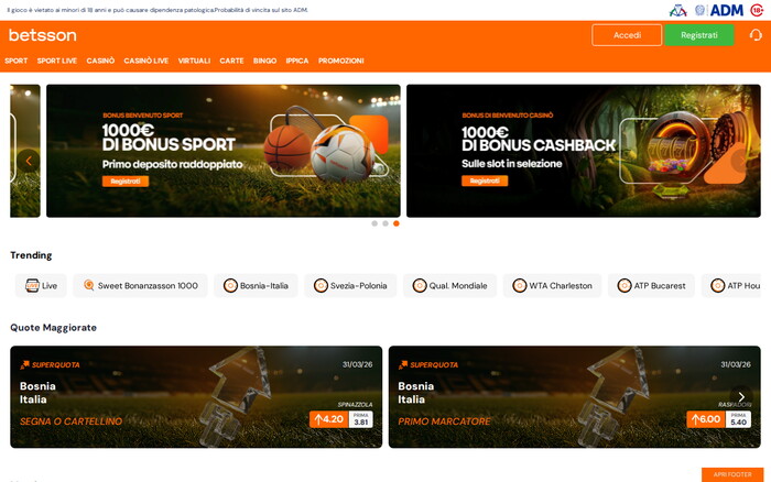 Homepage del casinò online betsson con catalogo giochi e bonus