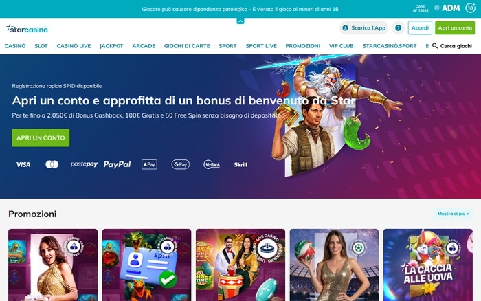 Homepage del casinò online starcasino con catalogo giochi e bonus