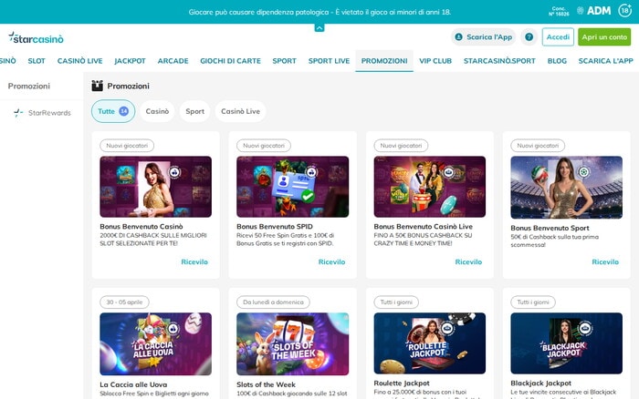 Pagina bonus e promozioni del casinò online starcasino