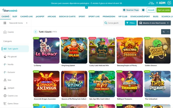 Catalogo giochi del casinò online starcasino