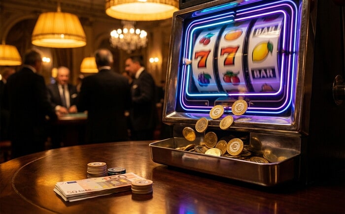Slot machine online con rulli colorati e monete d'oro