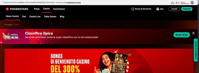 Homepage di Pokerstars Casino con banner promozionale 
