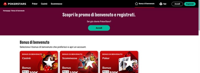 PokerStars bonus di benvenuto: tre card offerte (Casino 300€, Scommesse 100€, Poker 500€) con header navigazione visibile