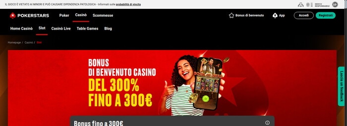 Homepage di PokerStars Casino con banner promozionale rosso, bonus benvenuto 300%, donna con smartphone e menu di navigazione principale.