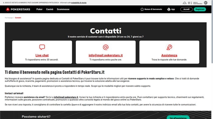 Pagina Contatti PokerStars con tre opzioni supporto: Live chat 30 secondi, email info@mail.pokerstars.it, assistenza online. Menu navigazione visibile in alto.