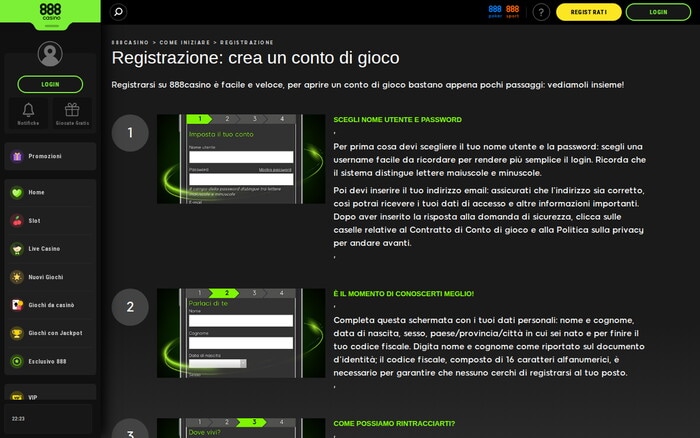 Pagina di registrazione del casinò online 888casino