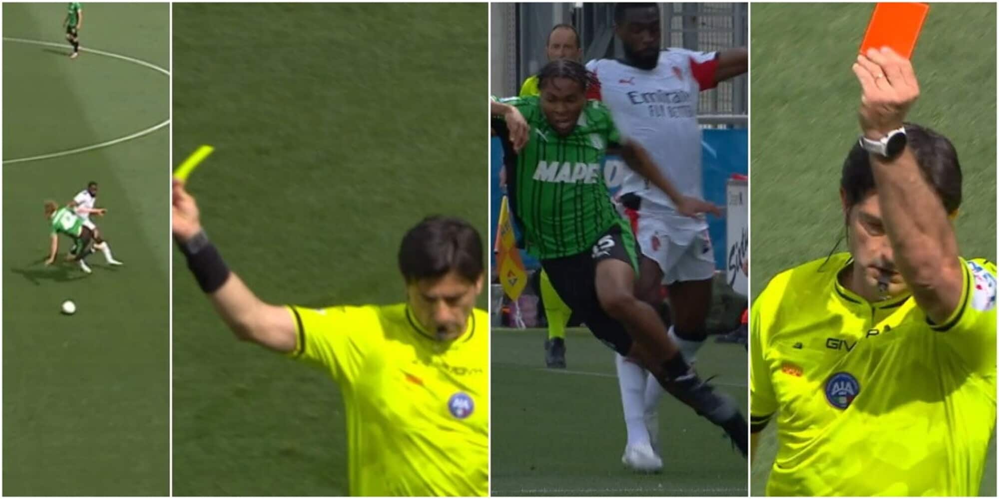 Follia Tomori, due gialli in un quarto d'ora: lascia il Milan in inferiorità numerica contro il Sassuolo al 24'