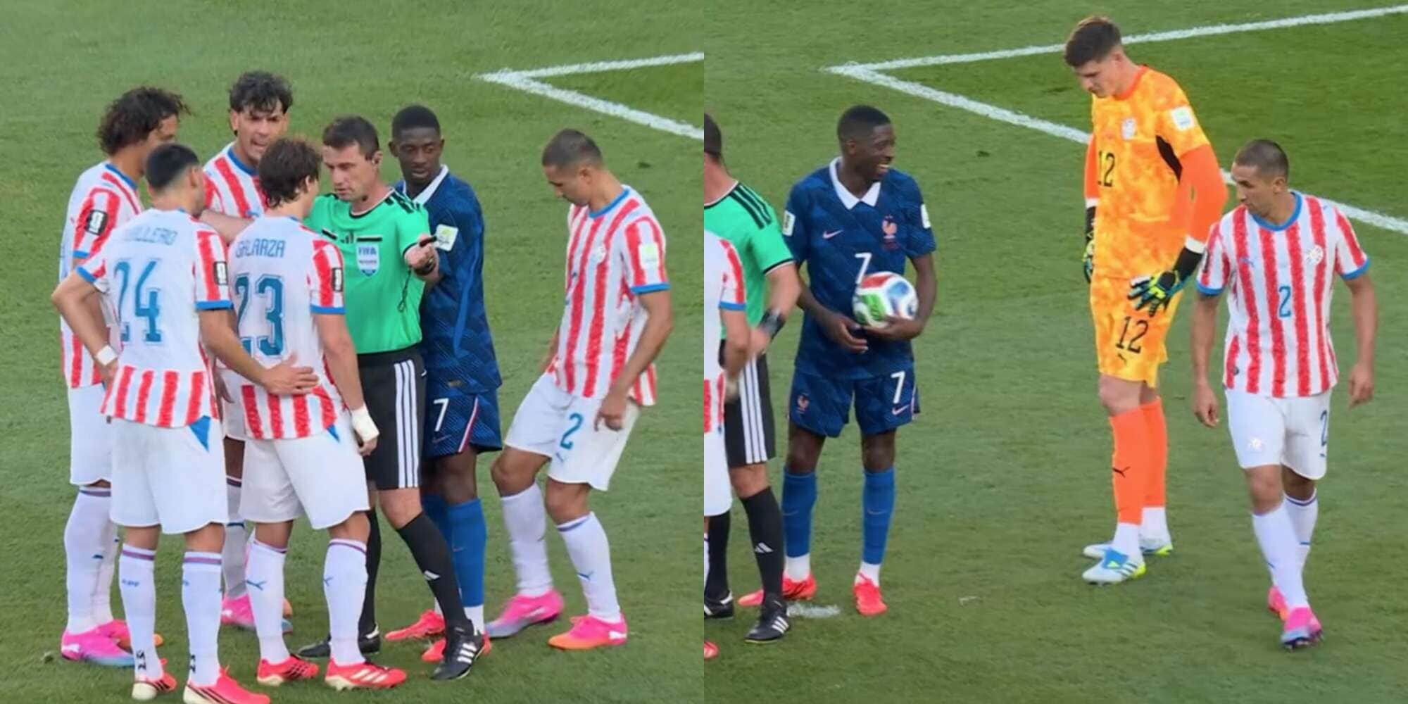 Velazquez prova a fare la buca sul dischetto, ma Dembélé se n'accorge e ride...