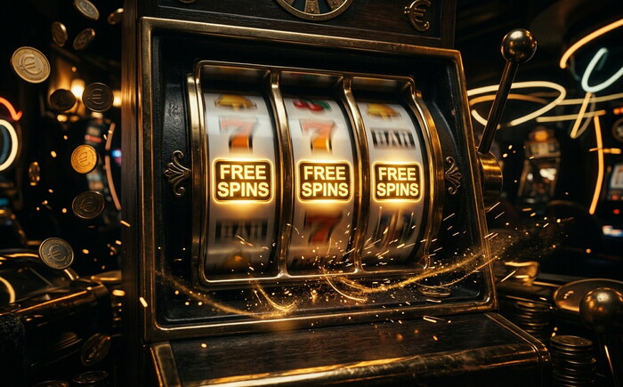 Giri gratuiti su slot machine con simboli luminosi dorati in movimento e scintille
