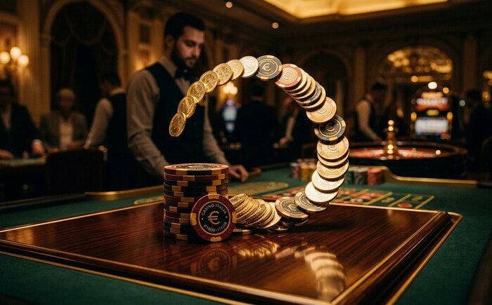 Bonus cashback casino con fiches e monete d'oro di ritorno su superficie lucida