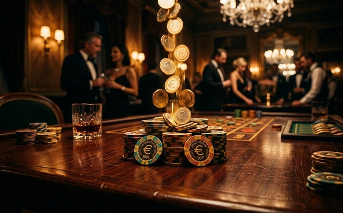 Bonus ricarica casino con fiches europee e monete d'oro che scorrono dall'alto