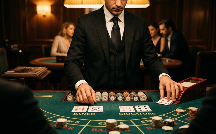 Tavolo di baccarat live con croupier e fiches