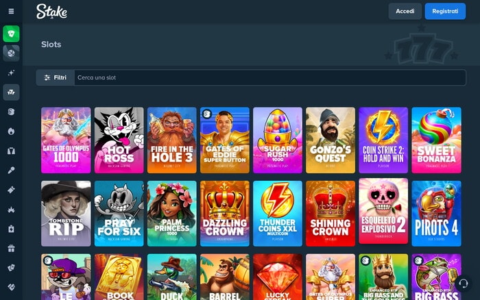Catalogo slot Stake con griglia di giochi colorati, barra di ricerca e sidebar di navigazione, senza popup o modal.