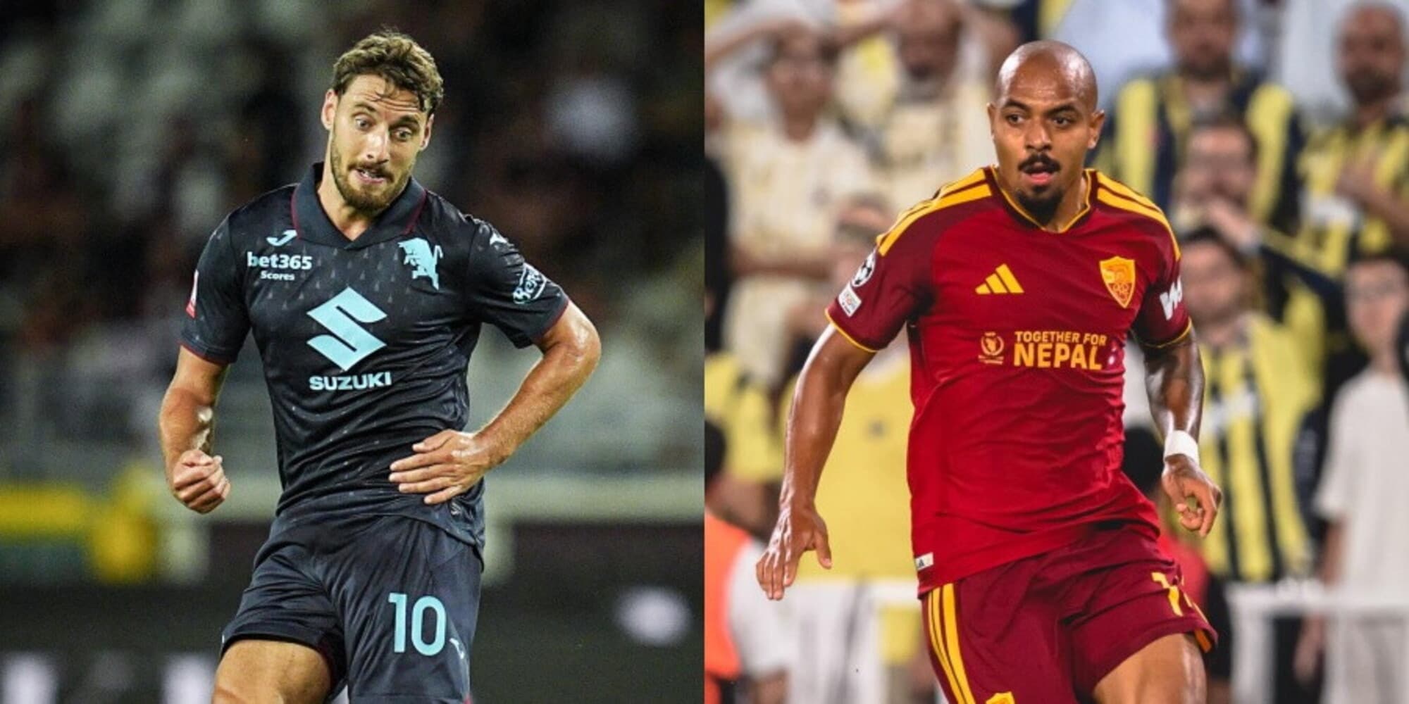 Partita di calcio tra Torino e Roma, con giocatori in campo e spettatori in stadio