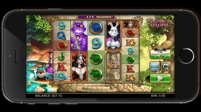 Slot White Rabbit di Big Time Gaming con simboli del coniglio bianco e funzione FEATURE DROP
