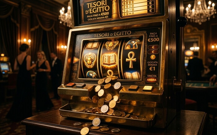 Slot machine a tema egizio con simboli di libri dorati e rulli illuminati in stile Novomatic