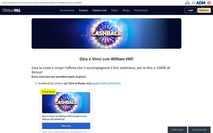 Pagina promozioni William Hill con banner cashback, ruota premio, menu navigazione e offerta bonus settimanale fino a 1000 euro.