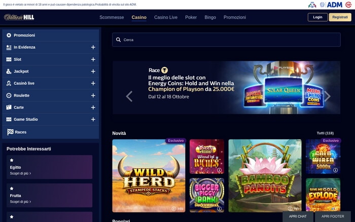 Homepage del casino William Hill con banner promozionale delle slot Playson e grafiche dei giochi Novità.