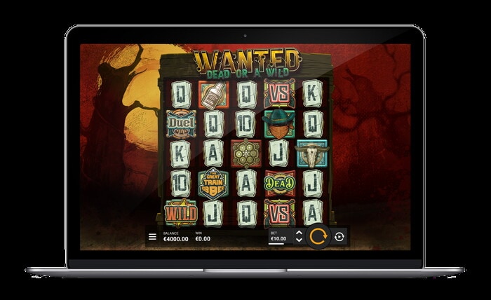 Slot Wanted Dead or a Wild con carte, teschio di toro e sfondo rosso