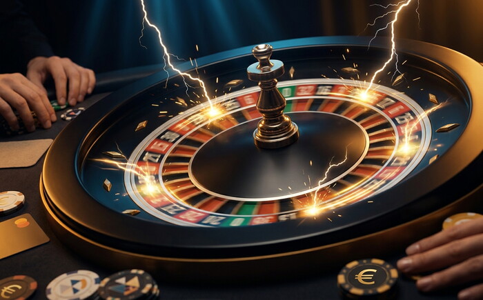Ruota della roulette con effetti di fulmini dorati e fiches con simbolo dell'euro sul tavolo.