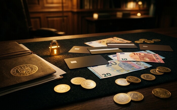 Carte di pagamento nere, banconote da 10 e 20 euro, monete e un lucchetto dorato su un tavolo scuro.