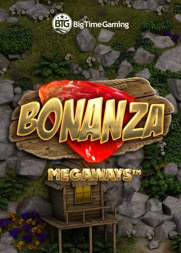 Slot Bonanza Megaways con gemma rossa, cartello di legno dorato e capanna su palafitte
