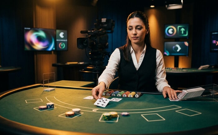 Croupier donna in gilet nero distribuisce carte su un tavolo da casinò verde con fiches colorate.