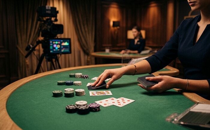 Croupier in abito scuro distribuisce carte su un tavolo verde con fiches colorate e una telecamera sullo sfondo.