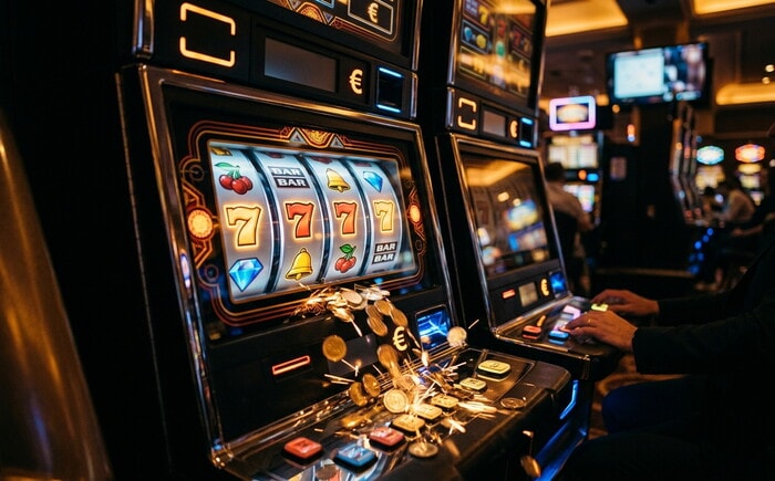 Slot machine con rulli colorati, simboli 7 e BAR, monete d'oro che cadono e luci al neon in sala.