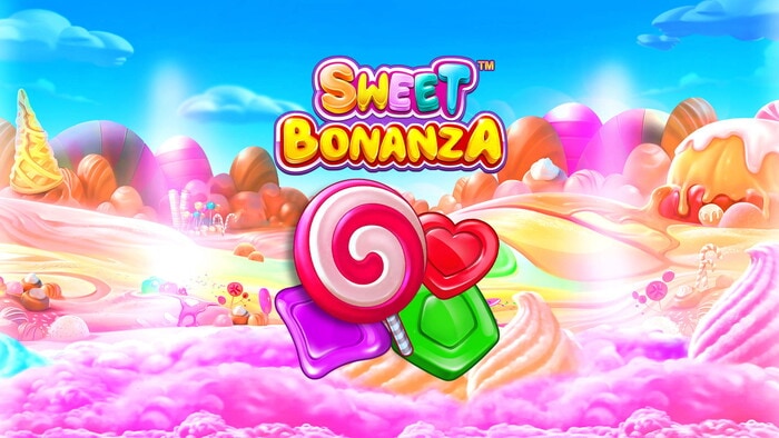 Slot Sweet Bonanza con lecca lecca a spirale, caramella a cuore e nuvole rosa