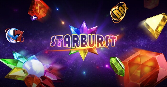 Slot Starburst con logo, gemme colorate, simboli 7 e BAR su sfondo spaziale viola