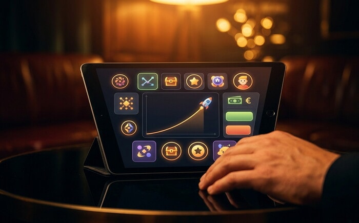 Tablet su tavolo scuro mostra icone di giochi illuminate e un grafico con razzo in salita.