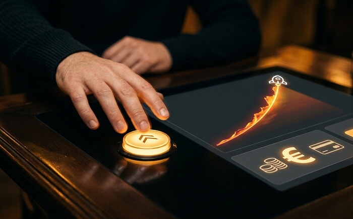 Mano preme un pulsante dorato luminoso su un'interfaccia digitale con grafico in salita e simbolo di razzo.
