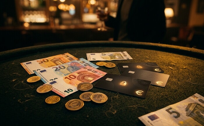 Banconote e monete in euro con carte di pagamento nere su un tavolo verde da casino.