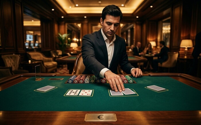 Croupier in giacca scura al tavolo da baccarat verde, con fiches colorate e carte sul feltro.