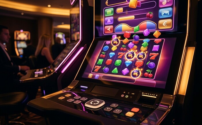 Slot machine con simboli colorati stile caramelle e bombe luminose con moltiplicatori, in una sala da gioco.