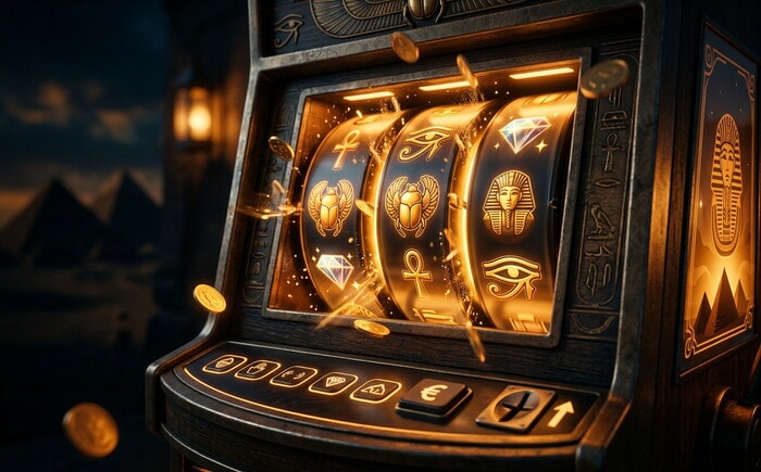 Slot machine a tema egizio con scarabei dorati, maschera del faraone e simboli illuminati su sfondo scuro.