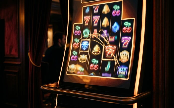 Schermo di una slot machine con simboli dorati a cascata, sette, campane e ciliegie, illuminata in ambiente elegante.