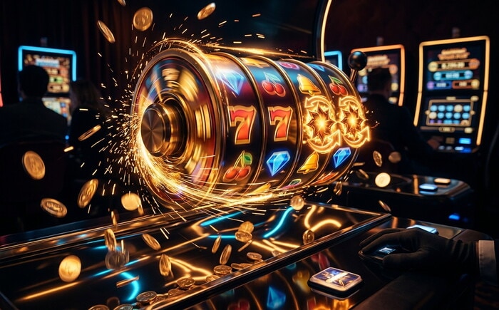 Rulli dorati luminosi di una slot machine in movimento, con scintille e monete che volano intorno