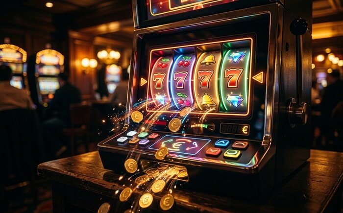 Slot machine con rulli con sette, diamanti e ciliegie, monete d'oro che cadono sul tavolo.