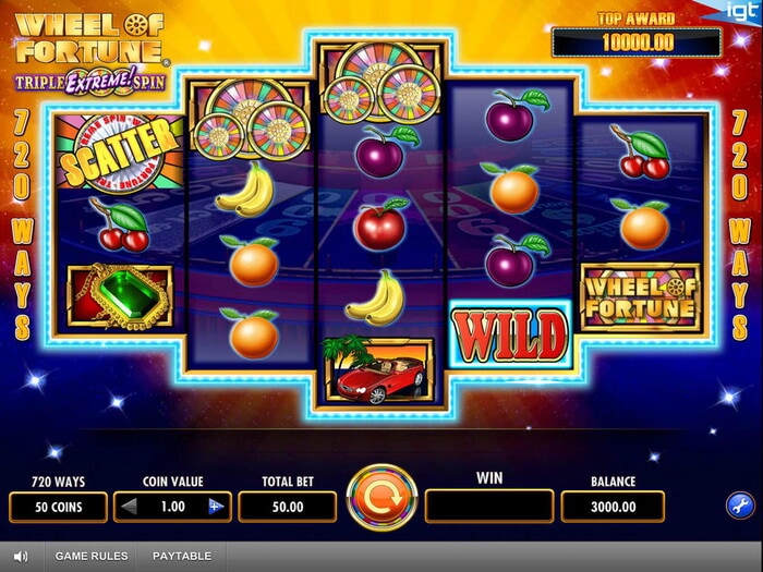 Slot Wheel of Fortune Triple Extreme Spin con ciliegie, arance e auto rossa