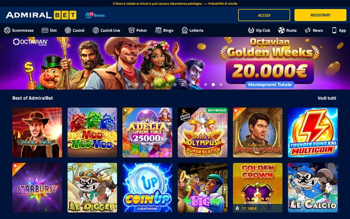 Homepage del casinò AdmiralBet con banner Octavian Golden Weeks da 20.000€ e griglia di slot popolari.