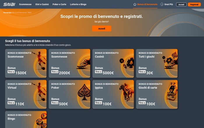 Pagina dei bonus di benvenuto SNAI con banner promozionale e griglia di offerte per scommesse, casinò, poker e altri giochi.