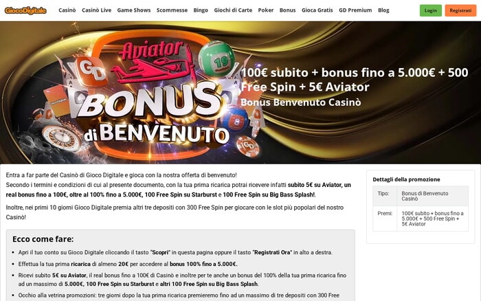 Pagina bonus di benvenuto di GiocoDigitale con banner Aviator, offerta 100€ subito e istruzioni per la registrazione.