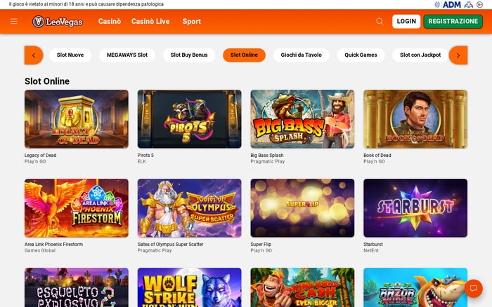 Catalogo slot online di LeoVegas con giochi come Legacy of Dead, Big Bass Splash, Starburst e Gates of Olympus.
