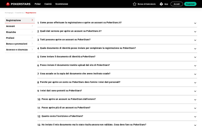 Pagina di assistenza PokerStars con domande frequenti sulla registrazione e l'apertura di un account.