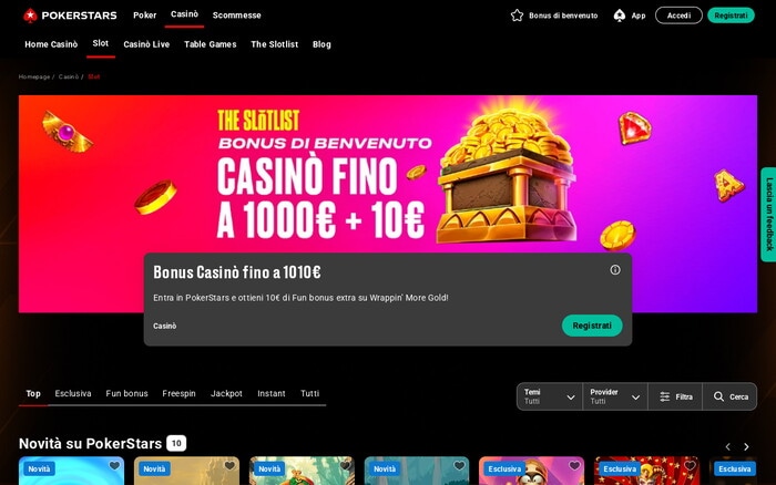 Pagina slot di PokerStars Casino con banner del bonus di benvenuto fino a 1000 euro e una riga di nuovi giochi.