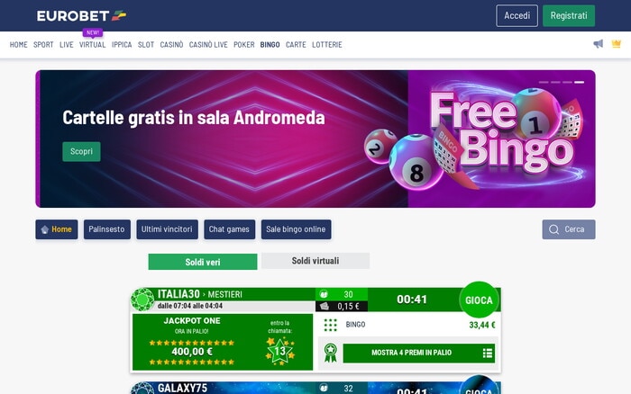 Homepage di Eurobet con banner bingo 